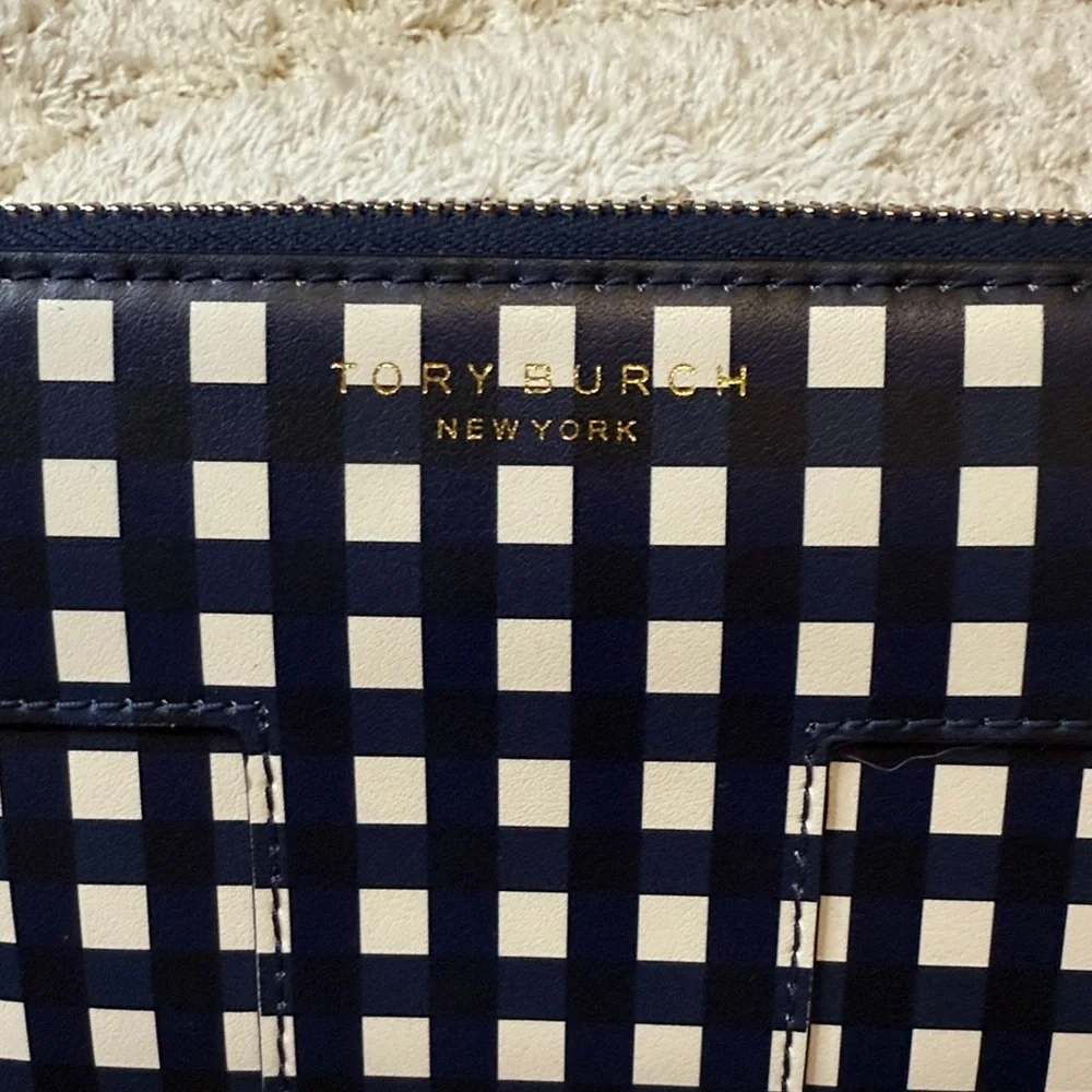 Tory Burch T Block Navy and White Checkered Continental Zip Around Wallet